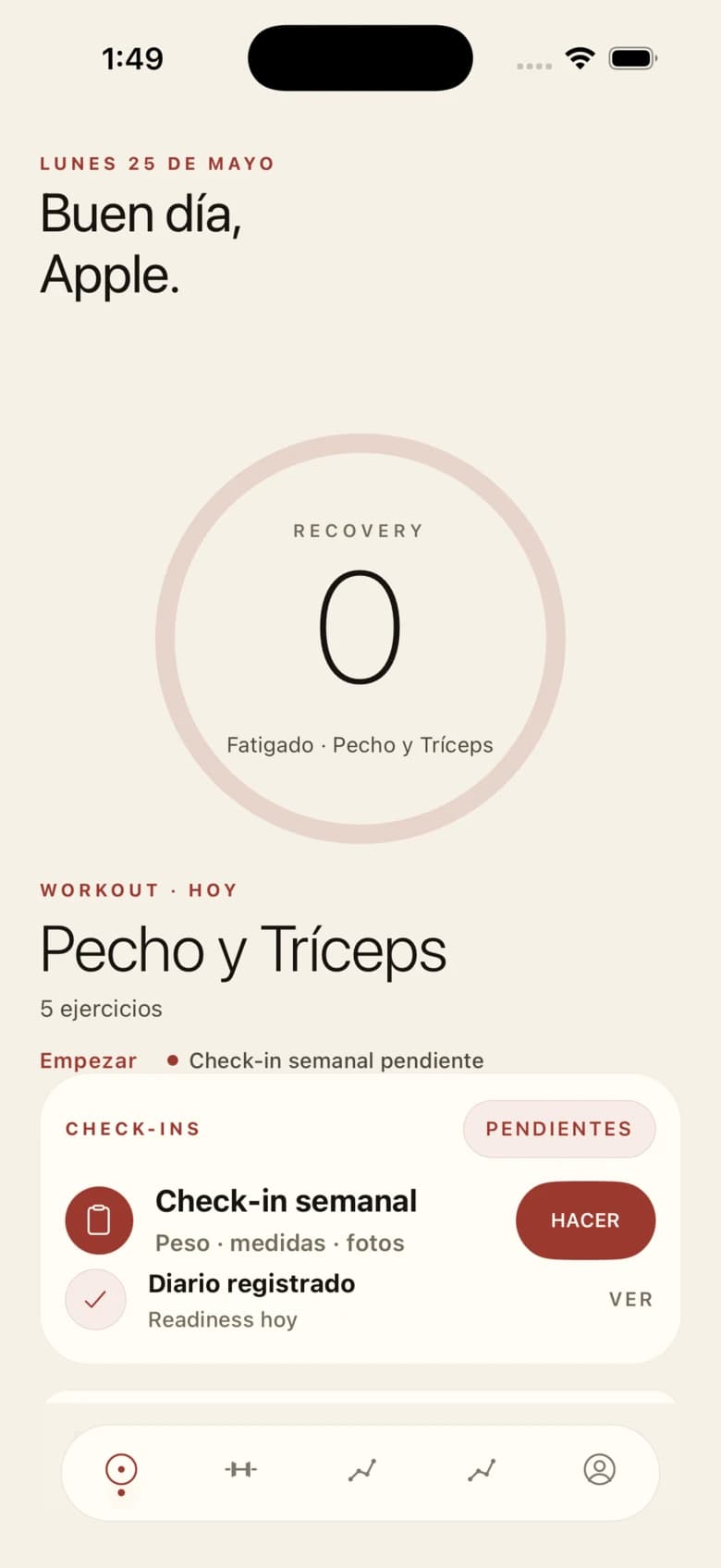 Pantalla de inicio de la app Umbra con entrenamiento y check-ins